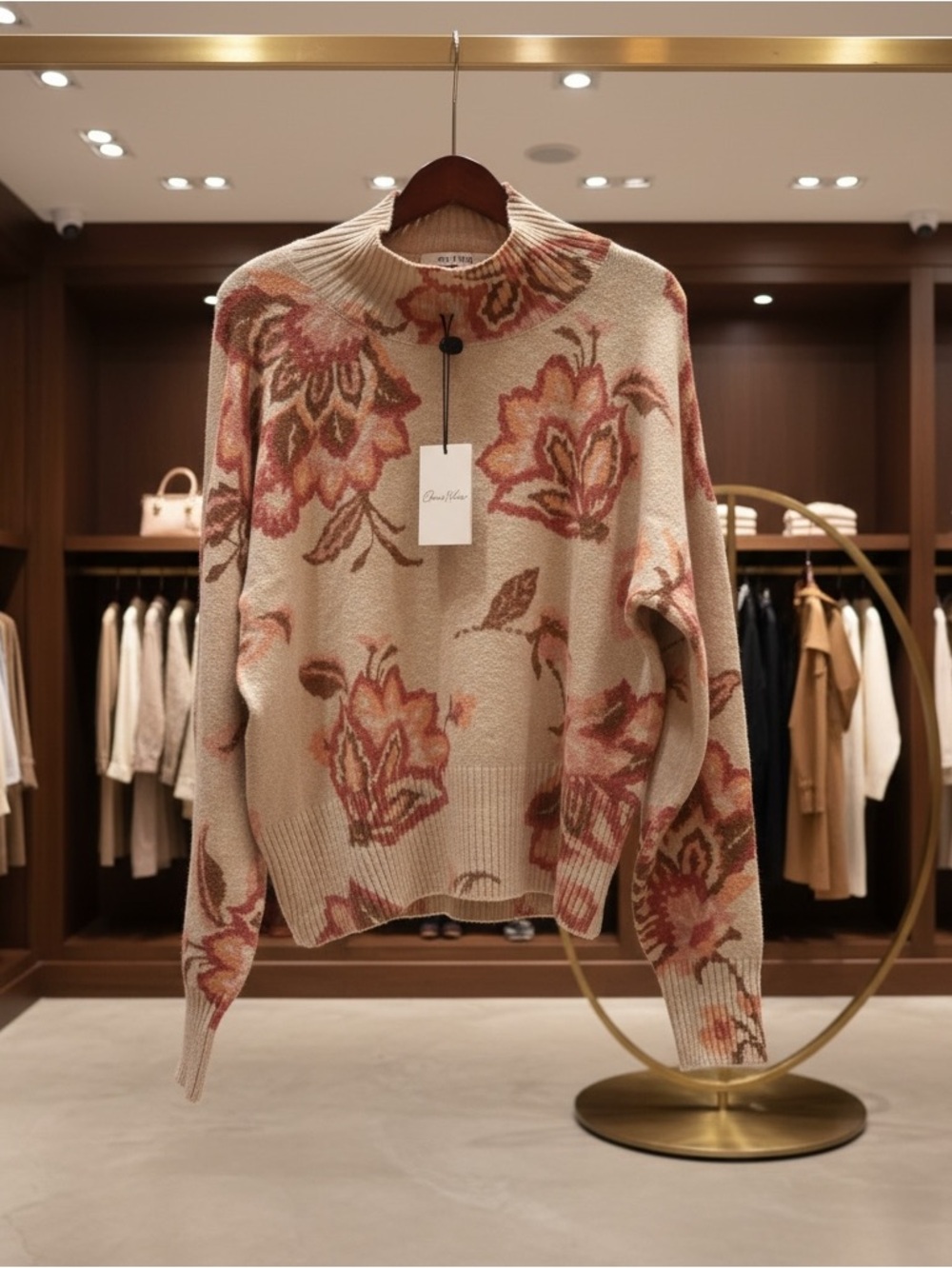 LC Lauren Conrad Beige Floral Turtleneck Sweater